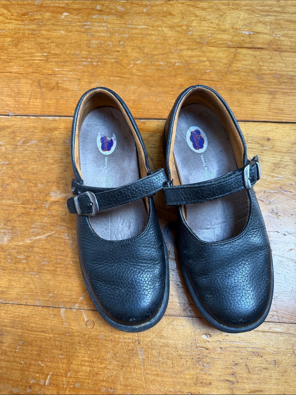 Black Leather Mary Jane Comfort Shoes with Faux Buckle Strap